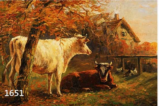 PROUST, MAURICE, GEB. 1867 - 1944, FRANZÖSISCHER LANDSCHAFTS- UND TIERMALER, KÜHE UND FEDERVIEH AM ABEND VOR DEM BAUERN- HOF, ÖL/HOLZ, SIGN., ...
