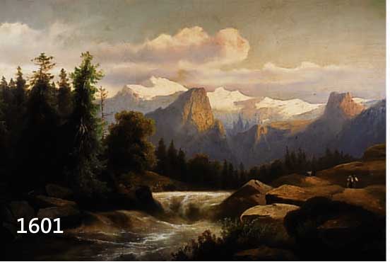 ROMANTIKER DES 19. JH., WANDERER NEBEN GEBIRGSBACH, ÖL/LWD., UNSIGN., 68 X 105 CM