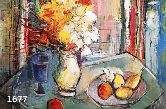 MALER DER 50ER JAHRE, STILLEBEN MIT BLUMEN UND OBST, ACRYL AUF MALKARTON, RE. U. UN- LESERLICH SIGN. (E.HESS ODER HASS ?), CA. 72 X 80 CM, R.