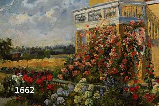 UNBEK. KÜNSTLER, 1. HÄLFTE 20. JH, BLÜHENDE ROSENBÜCHSE UND RHODODENDRON VOR EINER VILLA, ÖL/LWD., UNLESERL. SIGN. U. RE., 35 X 49 CM, R.