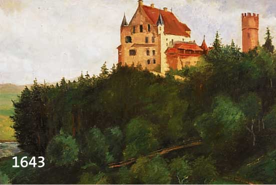 UNBEK. KÜNSTLER UM 1930, ANSICHT EINER BURG, DAVON UNTER BÄUMEN GRASENDE KÜHE, ÖL/LWD., UNSIGN., 45 X 51 CM, R.