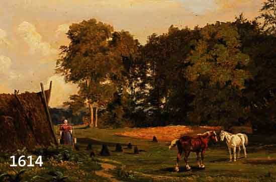 Schovelin, Axel Thorsen, 1827-1893, Pferde auf einer Koppel vor einem Bauernhaus, Öl/Malkarton, rÜckseitig altes Etikett mit Namen und Titel, ...