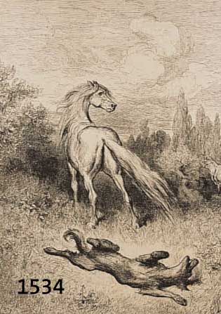 DORé, GUSTAVE, 1832-1883, FÜNF HOLZSTICHE: DAS PFERD UND DER WOLF, DIE ÄRZTE, DER HIRTE, IM BASAR, MÜLLER UND ESEL, UM 1860, IM STOCK ...