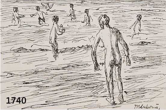 LIEBERMANN, MAX, 1847-1935, BADENDE KNABEN, LITHOGRAPIE VON 1920, IM STEIN SIGN., CA. 14 X 16 CM, PP