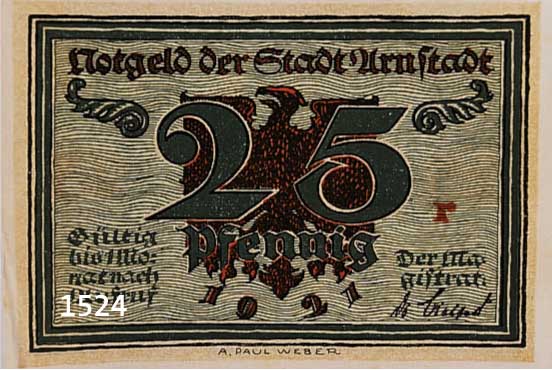 WEBER, A. PAUL, 1893-1980, 12 NOTGELD- SCHEINE DER STADT ARNSTADT VON 1921, 6 X 25 MARK, 6 X 10 PFENNIG, CA. 7 X 10 CM BZW. 5.5 X 8.5 CM