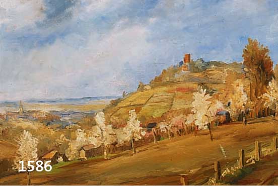 WOLLENSACK, K., MALER DER 1. HÄLFTE 20. JH., HÜGELIGE LANDSCHAFT MIT BLÜHENDEN BÄUMEN, ÖL/LWD, SIGN. UND DAT. (19)49, CA. 50 X 60 CM, R.