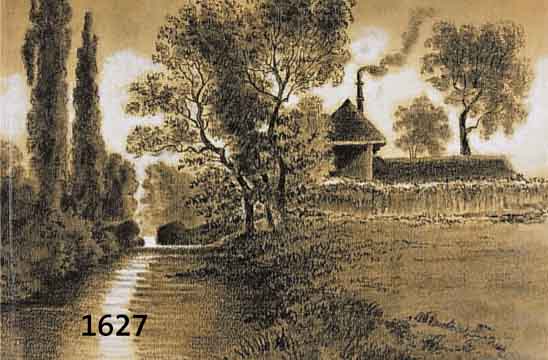 CALAMé, ALEXANDRE, 1843-1919, GEHÖFT AN BAUMBESTANDENEM BACHLAUF, BLEISTIFT- ZEICHNUNG, SIGNIERT UND DAT. FEBRUAR 83, CA. 21.5 X 26.5 CM, PP
