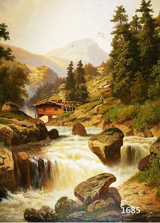 HEYN, H.E., DÜSSELDORFER MALER, 19. JH., HÜTTE AM RAUSCHENDEN GEBIRGSBACH, ÖL/LWD, LI. U. SIGN., CA. 96 X 76 CM
