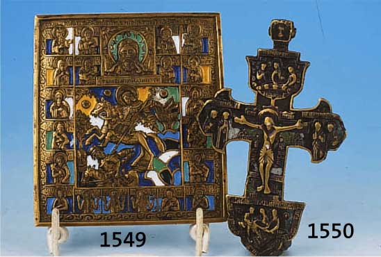 METALLIKONE, RUßLAND, 19. JH. BRONZE MIT MEHRFARBIGEM EMAIL, HL. DEMETRIOS VON THESSALONIKI UND ANDERE HEILIGE, 11.8 X 10.3 CM, ÄHNLICH JECKEL ...