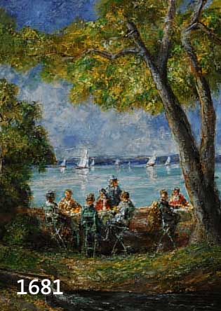 Unger, Wolfgang Heinz, geb. 1929 Halle, Biergarten am Seeufer, Öl/Malkarton, re. u. sign., ca. 43 x 32 cm, R.