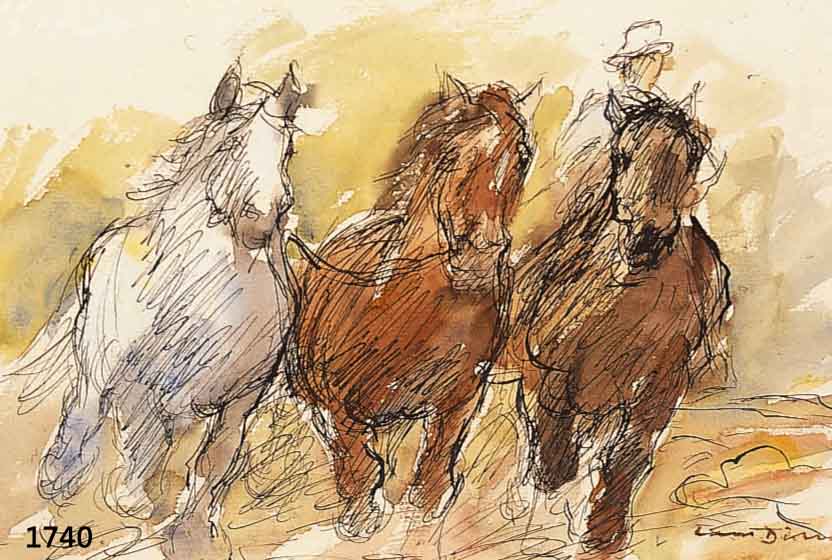 DILL, OTTO, 1884 NEUSTADT-1957 BAD DÜRKHEIM, BAUER MIT DREI PFERDEN, AQUARELL ÜBER TUSCHFEDERZEICHNUNG, RE. U. SIGN., CA. 21.5 X 34.5 CM, PP, ...