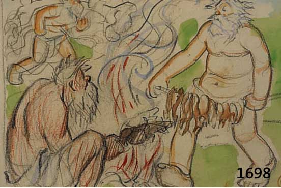 Steigerwald, E., zwei Riesen am Feuer, aquarellierte Zeichnung, re. u. monogr., ca. 17 x 24 cm, PP, u.Gl., R.