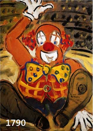 Pfefferkorn, Felix, 1945-1980, Clown in der Manege, Öl/Hartfaser, monogr., rÜckseitig signiert, dat. 1977, WVZ Nr. 491, ca. 70 x 50 cm, R.