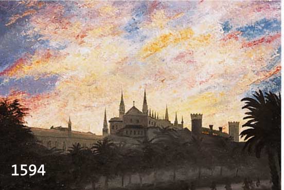 AURICKE O.Ä., KÜNSTLER DES 19./20.JH., DIE KATHEDRALE VON PALMA DE MALLORCA IM MORGENROT, ÖL/LWD (MIN.REST.), UNLESERL. SIGN., 37 X 45 CM