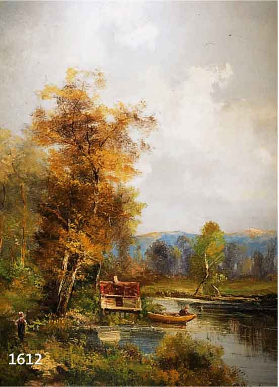 GODCHAUX, FRANZÖSISCHER LANDSCHAFTSMALER DES 19. JAHRHUNDERTS, FRÜHLING AM SEE MIT FISCHER IN SEINEM BOOT, ÖL/LWD, (DOUBL., MIN. RETUSCHIERT), ...