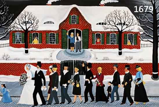HOPPE, LEONIE, DEUTSCHE NAIVE KÜNSTLERIN, HOCHZEITSZUG IN WINTERLICHEM ORT, ÖL/LWD, SIGN. U. DAT. 1979, 60 X 80 CM, R.