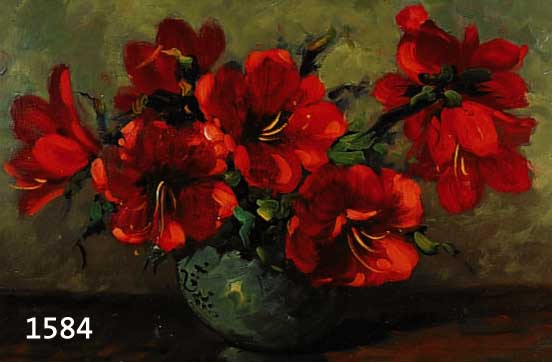 MOES, TILLY, HOLLÄNDISCHE KÜNSTLERIN ANFANG DES 20.JH., AMARYLLIS-BLÜTEN IN KUGELVASE, ÖL/LWD., (SCHLECHT REST. VERTIKALRISS VON 7 CM LÄNGE), ...
