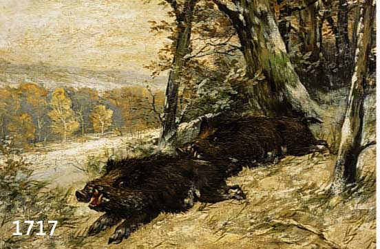 VON HENDERICHS, FRANZ, DEUTSCHER MALER, 1. HÄLFTE 20. JH., WILDSCHWEINE BRECHEN AUS DEM WINTERLICHEN WALD, ÖL/HOLZ, RE. U. SIGN., CA. 32 X 44 ...