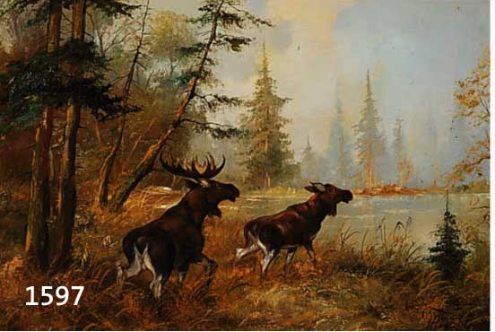 THEGTMEIER, MITTE 20.JH., ELCHE AN EINEM WALDSEE, ÖL/LWD, SIGN. U. RE., 50 X 70 CM, R.