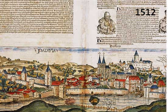 KONVOLUT VON ZWEI BLATT ZU PASSAU, 1)KOLORIERTER HOLZSCHNITT AUS SCHEDELS WELTCHRONIK VON 1493 PASSAU AUF DER DOPPEL- TEN BUCHSEITE, BILDGR. CA. ...