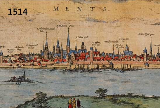 KONVOLUT MIT 8 BLATT MIT ANSICHTEN VON MAINZ, 1.) KOLOR. KUPFERSTICH V. BR. U. HOGENBERG, CA. 1590 MENTZ, 13,5 X 48,5 CM; 2.) AQUATINTA V. J. L. ...