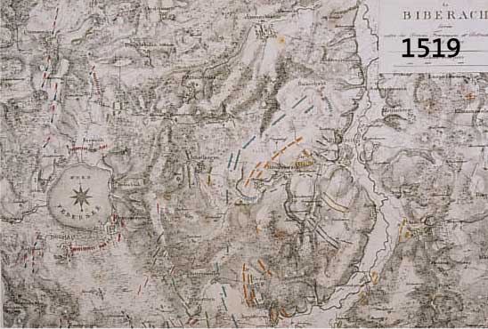 KONVOLUT VON 2 ALTKOLOR. LITHO. UND KUPFER- STICHEN V. BIBERACH AN DER RIß, 1.) ALT- KOLOR. LITHO. KARTE AUS ATLAS JOMINI A. H. DE ATLAS POUR ...