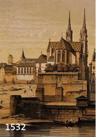 5 BLATT MIT BASEL UND UMGEBUNG, 1.) GETÖNTE LITHO. V. STROOBANT, CA. 1850, DAS MÜNSTER ZU BASEL, 31 X 32,5 CM; 2.) STAHLSTICH DAS ST. JOHANNES ...