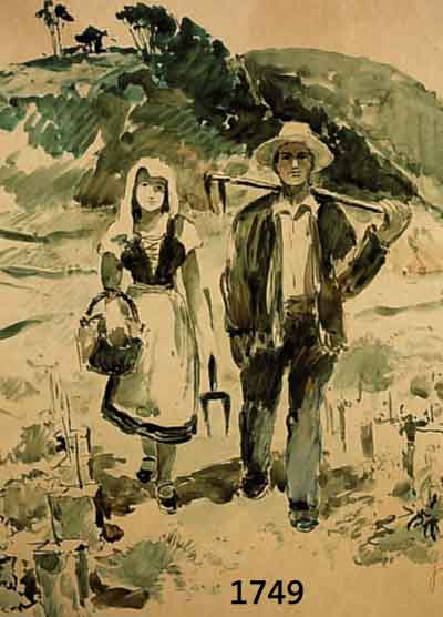 GRAF, KARL, 1902 ROTHENBURG-1986 SPEYER, WINZERPAAR AUF DEM HEIMWEG AUS DEM WINGERT, AQUARELL IN GRÜN- UND BLAUTÖNEN, HANDSIGNIERT, CA. 53 X 42 ...