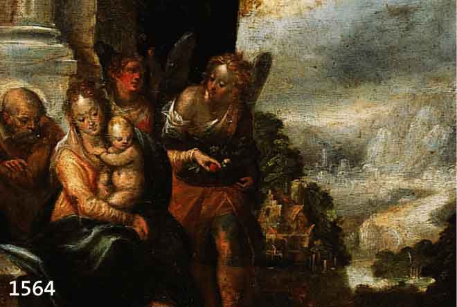 UNBEKANNTER MALER, NIEDERLANDE, UM 1620, MARIA MIT DEM KIND, UMGEBEN VON EINEM ALTEN MANN UND ZWEI ENGELN, IM HINTERGRUND IDEALI- SIERTE ...
