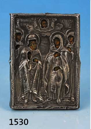 Ikone mit Silberoklad, um 1840, Heiligen- darstellungen, ganzfigurig bemalt, ca. 8.5x 6 cm, l. Alterssp.