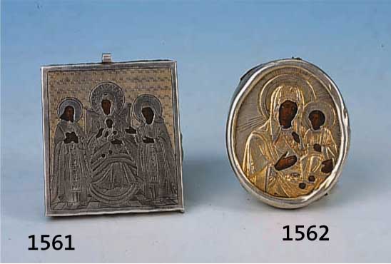 REISEIKONE, RUSSLAND, UM 1890/1900, HEILIGENDARST., MIT SILBEROKLAD ALS ANHÄNGER GEFASST, 5X4.5 CM, L. ALTERSSP.