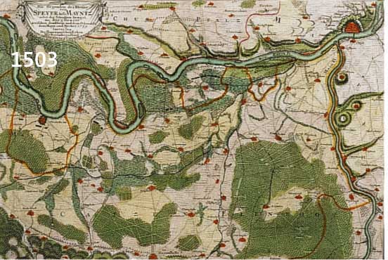 LANDKARTE HOMANNS ERBEN, UM 1730, DIE GEGENDEN DES RHEINS VON SPEYER BIS MAINZ KOLORIERT, ALTER RIß RESTAURIERT, ZWEITEILIG, CA. 32 X 45 CM, ...