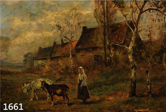 REINHARDT, BÄUERIN MIT ZWEI ZIEGEN VOR DEM GEHÖFT, ÖL/HARTFASER, RE. U. SIGN., CA. 50 X 60 CM, R.