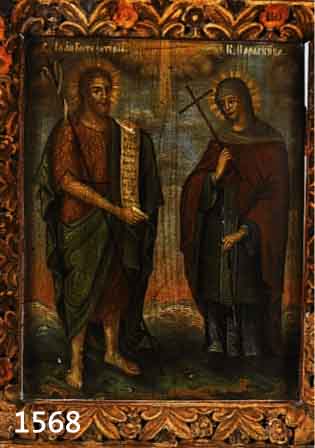 IKONE, RUSSLAND, UM 1880-90, DARSTELLUNG ZWEIER HEILIGER, TEMPERA AUF HOLZ, CA. 40 X 30 CM, U.GL., R., RAHMEN ÄLTER