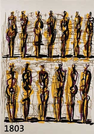 MOORE, HENRY, 1898-1986, STEHENDE WEIBLICHE FIGUREN, FARBLITHOGRAPHIE, RE. U. IM PAPIER EINGEPRÄGTER SCHRIFTZUG, BLATTGR. CA. 46 X 31 CM