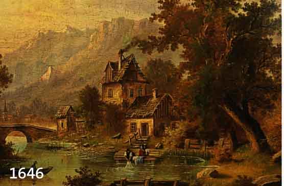 Unbekannter Romantiker, um 1880-90, Waschende Frauen und Angler am Fluß, im Hintergrund felsiges Gebirge, Öl/Lwd, feine lasierende Malerei, ...
