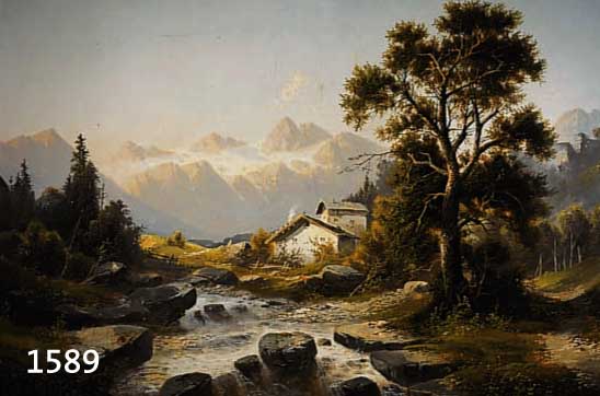 UNBEKANNTER MALER, DEUTSCH, UM 1880, GEHÖFT AN REISSENDEM BACH VOR HOCHGEBIRGS- KULISSE, ÖL/LWD (MIT EINER RESTAURIERTEN STELLE), FEINE ...