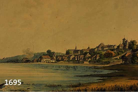 KOLORIERTER KUPFERSTICH, SCHWEIZ, 18. JH., VUE DE MORAT, GEST. VON B.A. DUNKER, GEDRUCKT VON CHR. DE. MECHEL BASEL, CA. 22.5 X 38.5 CM, GEBRÄUNT, ...