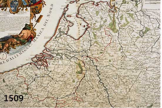 ZWEI KUPFERSTICHKARTEN, GIACOMO CANTELLI MODENA, 1689, IL CORSO DEL FIUME RENO D'ALLEMAGNA DALLE SUE FONTI FINO A MAGONZA, MIT GRENZKOLORIT ...