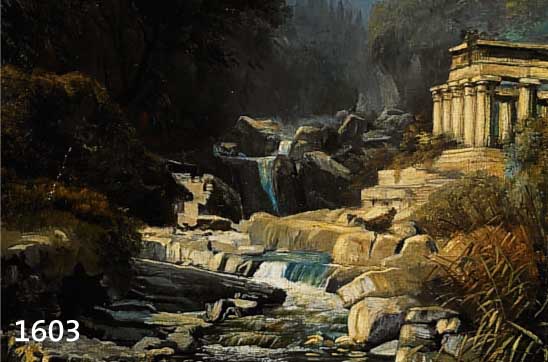 UNBEKANNTER MALER, DATIERT 1881, LANDSCHAFT MIT BACH UND GRIECHISCHER RUINE, ÖL/LWD, LI. U. UNLESERLICH SIGNIERT UND DAT., CA. 29 X 39 CM, R.