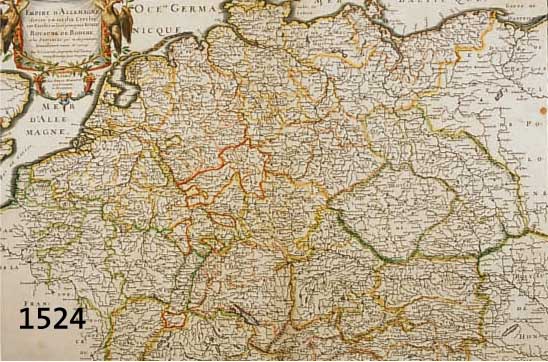 KUPFERSTICHKARTE VON SANSON/PIERRE MARIETTE, 1665, EMPIRE D'ALLEMAGNE, ROYAUME DE BOHEME, MIT GRENZKOLORIT UND KARTUSCHE, MITTELBUG, CA. 40 X ...