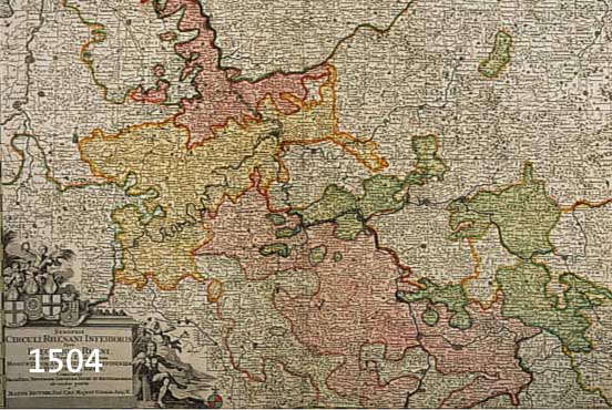 KUPFERSTICHKARTE VON MATTH. SEUTTER, UM 1690, DIE ERZBISTÜMER MAINZ, TRIER, KÖLN UND DIE PFALZ, TEILKOLORIERT, MITTELBUG, CA. 49 X 57 CM