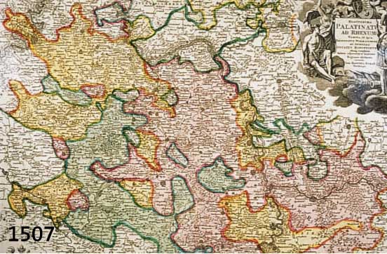 KUPFERSTICHKARTE VON HOMANN, UM 1700, PALATINATUS AD RHENUM, DAS KURFÜRSTENTUM PFALZ, MITTELBUG, KOLORIERT, RE. O. KARTUSCHE, CA. 48 X 56 CM