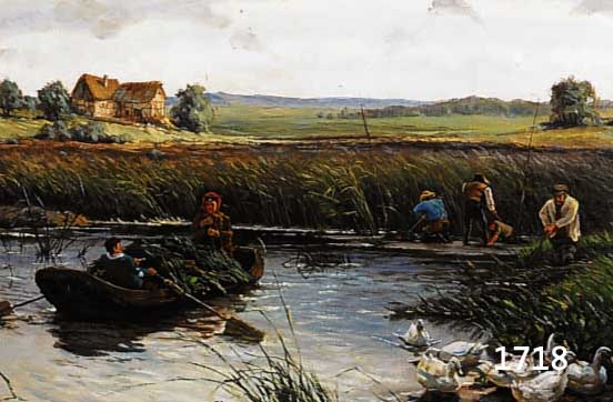 MÜhlbach, Peter, geb. 1957 Lindau, Bodensee- maler, Schilfschnitter am See, Öl/LWd, re. u. sign., ca. 43 x 66 cm, R.