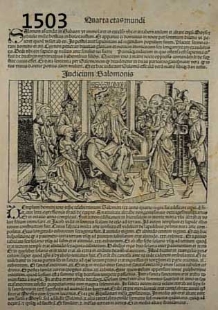 FÜNF HOLZSCHNITTE AUS DER SCHEDELSCHEN WELT- CHRONIK VON 1493, MOSEL, TANZ UMS GOLDENE KALB, DAS SALOMONISCHE URTEIL, U.A., GUTER FRÜHER DRUCK, ...