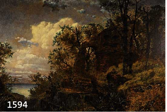 KNAB, FERDINAND, 1834 WÜRZBURG-1902 MÜNCHEN, ÖL/LWD., RUINENLANDSCHAFT MIT PERSONEN, IN DER DÄMMERUNG, GEGENLICHTDARSTELLUNG, REST., ...