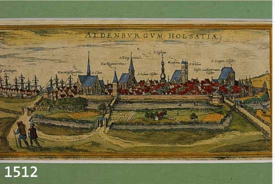 KONVOLUT VON 2 BLATT OLDENBURG HOLSTEIN UND UMGEBUNG, 1.) KOLOR. KUPFERSTICH V. BR. U. HOGENBERG, CA. 1590, ALDENBURGUM HOLSATIAE (OLDENBURG), 11 ...