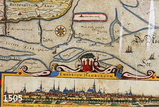 KOLOR. KUPFERSTICHK. V. M. MERIAN, NOBILIS FLUVIUS ALBIS..., MIT GR. GA VON HAMBURG RE. U., KARTE HIER ZUSAMMENGESETZT UND VON ZWEI PLATTEN ...