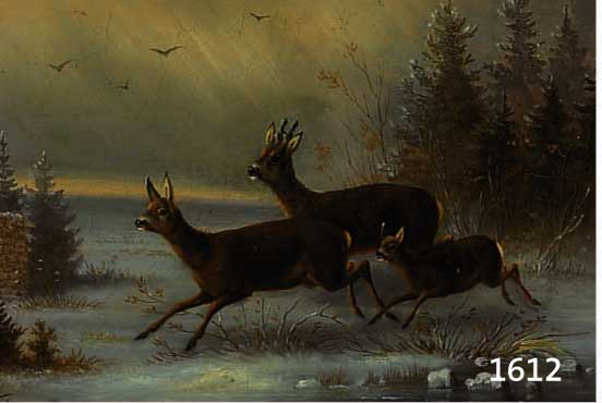 VOLZ, HERMANN, BIBERACH 1814-1894, SPRINGENDE REHE, ÖL/LWD, FEINE LASIERENDE MALEREI, ALTERSBEDINGT KRAKELIERT, LI. U. SIGN. UND DAT. 79, CA. 26 ...