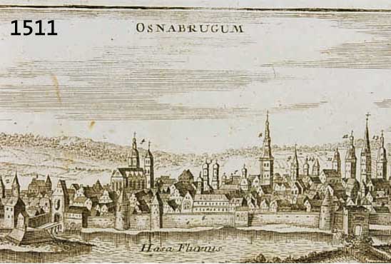 KONVOLUT VON 3 BLATT VON OSNABRÜCK UND UM- GEBUNG, 1) KUPFERSTICH V. BODENEHR, CA. 1720, GA OSNABRUGUM, MIT ERKLÄRUNGEN AM RECHTEN U. LINKEN ...